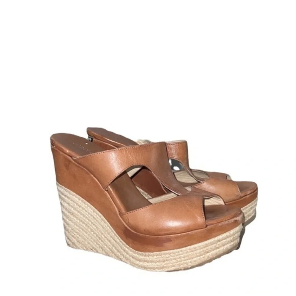 Jimmy Choo‎ Leather Pledge T-Strap Rope Platform Wedge Slide Espadrilles